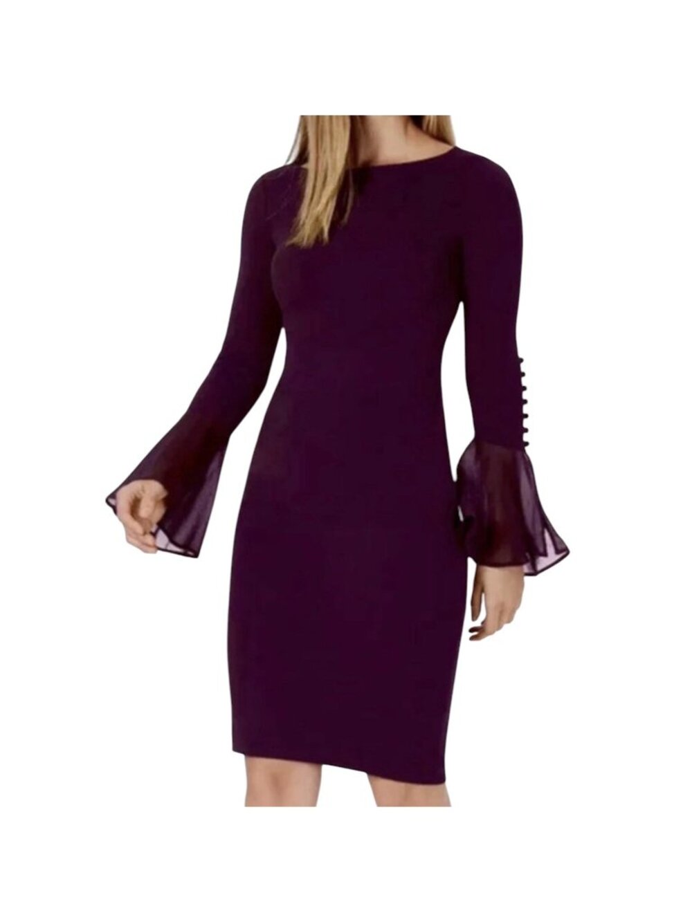 Calvin Klein Women's Plum Sheath Dress Chiffon Flounce Sleeves Size 10